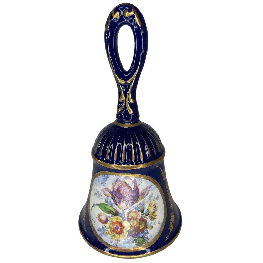 Keramos Italy Cobalt Blue Porcelain Floral Bell Gold Gilt Capodimonte Style N